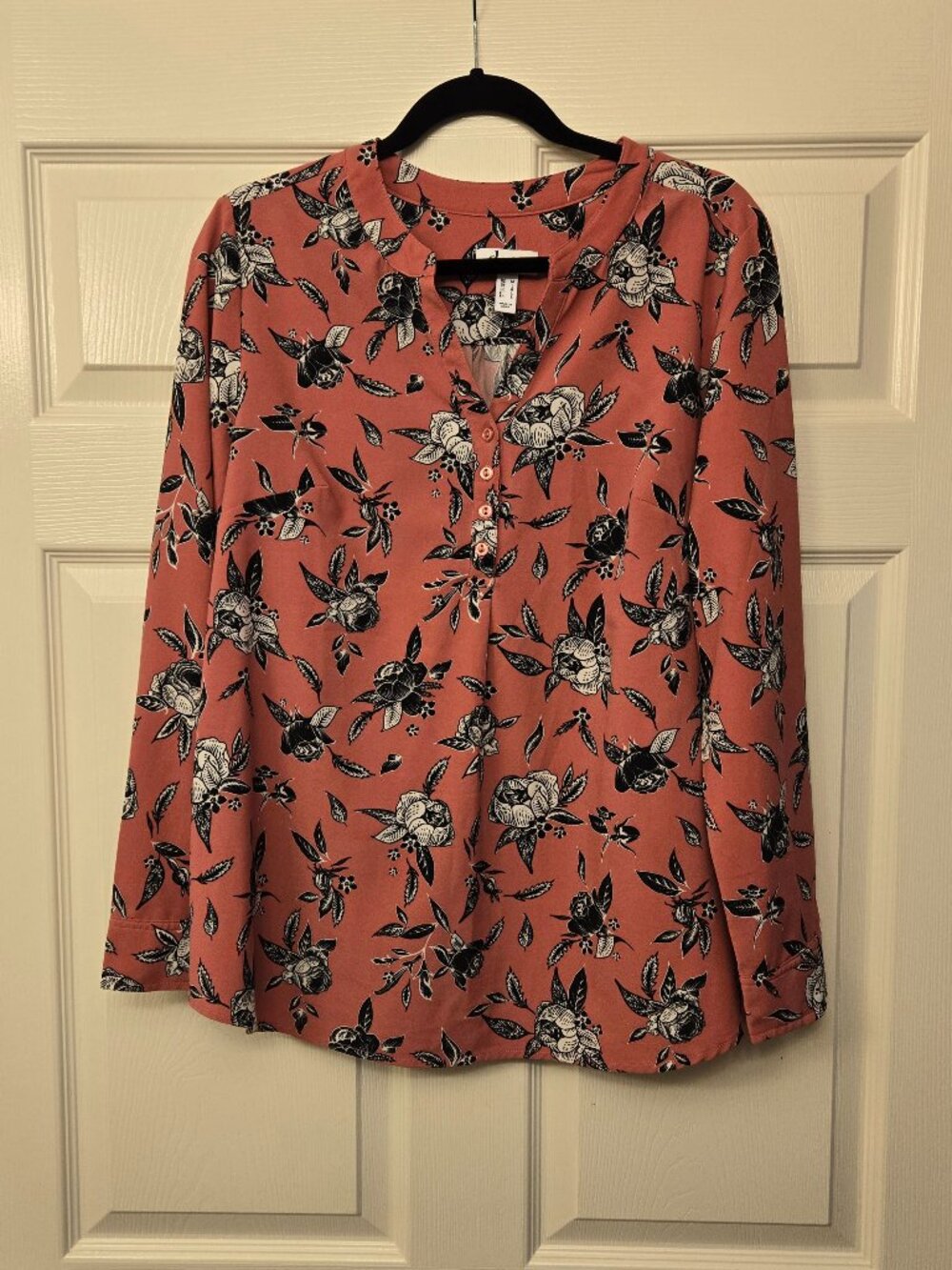 Denim & Co - Pink/salmon colored long sleeve blouse, size medium.